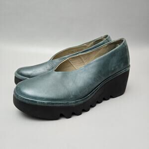 Fly London Beso246Fly Verona Platform Wedge Pump Green Leather Size EU 40 US 9
